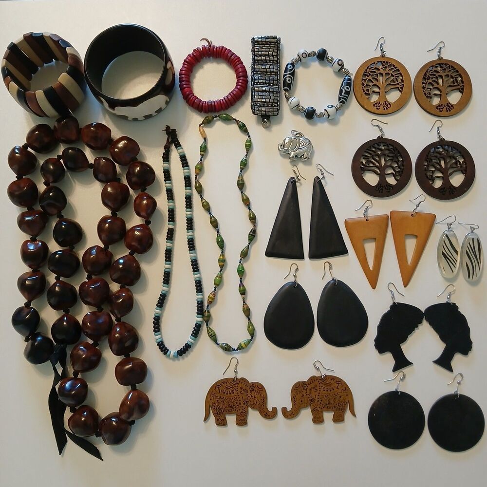 African Tribal Jewelry Lot 18pc Wood Afrocentric Earrings Necklace Cuff Bracelet